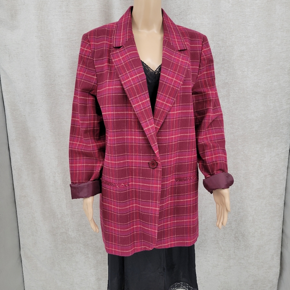 Women's Raspberry Plaid Single-Button Blazer Jacket - Picture 2 of 15